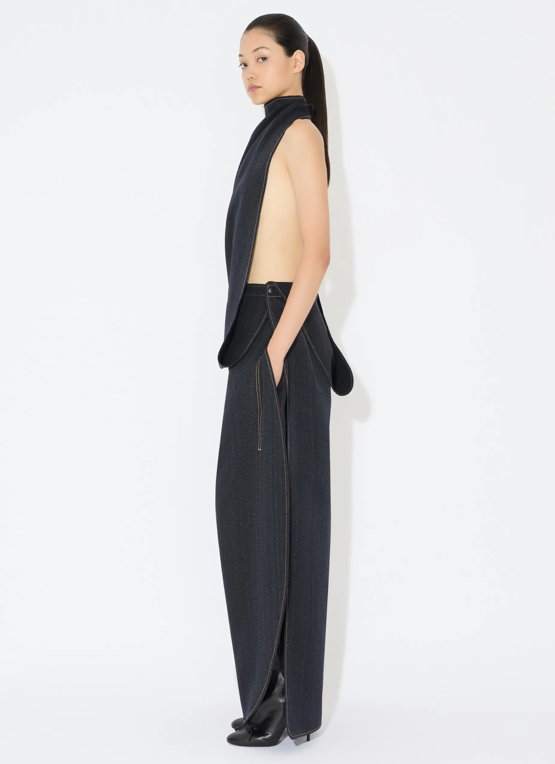 ASYMMETRICAL CAPE TOP IN WOOL DENIM