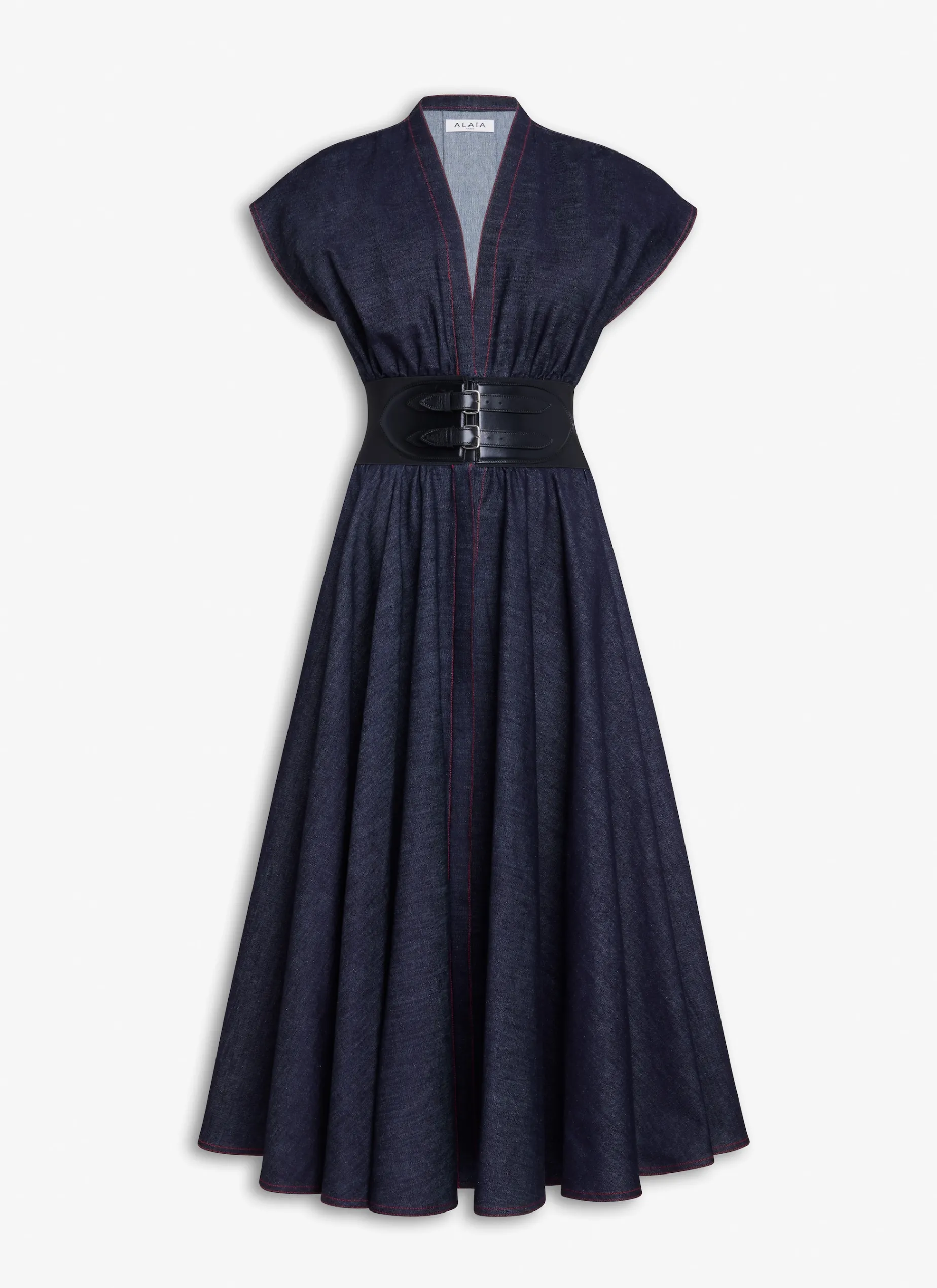 BELTED DRESS IN STRETCH RAW DENIM