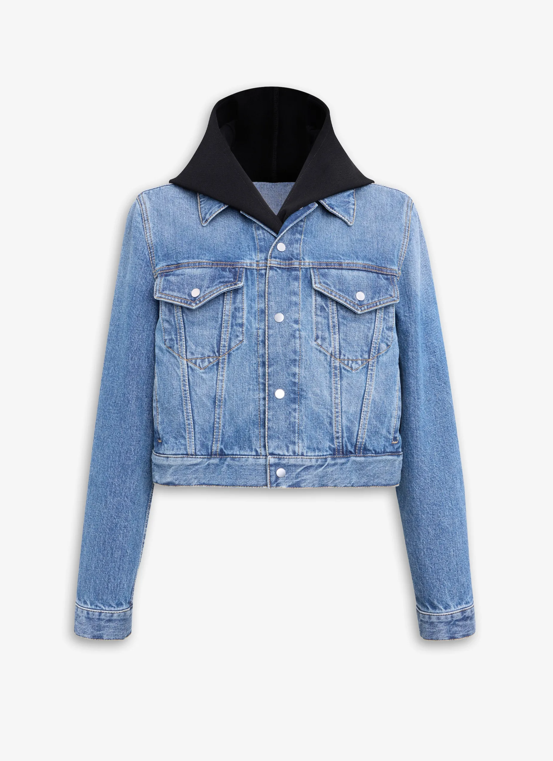 DENIM JACKET WITH KNITTED HOOD