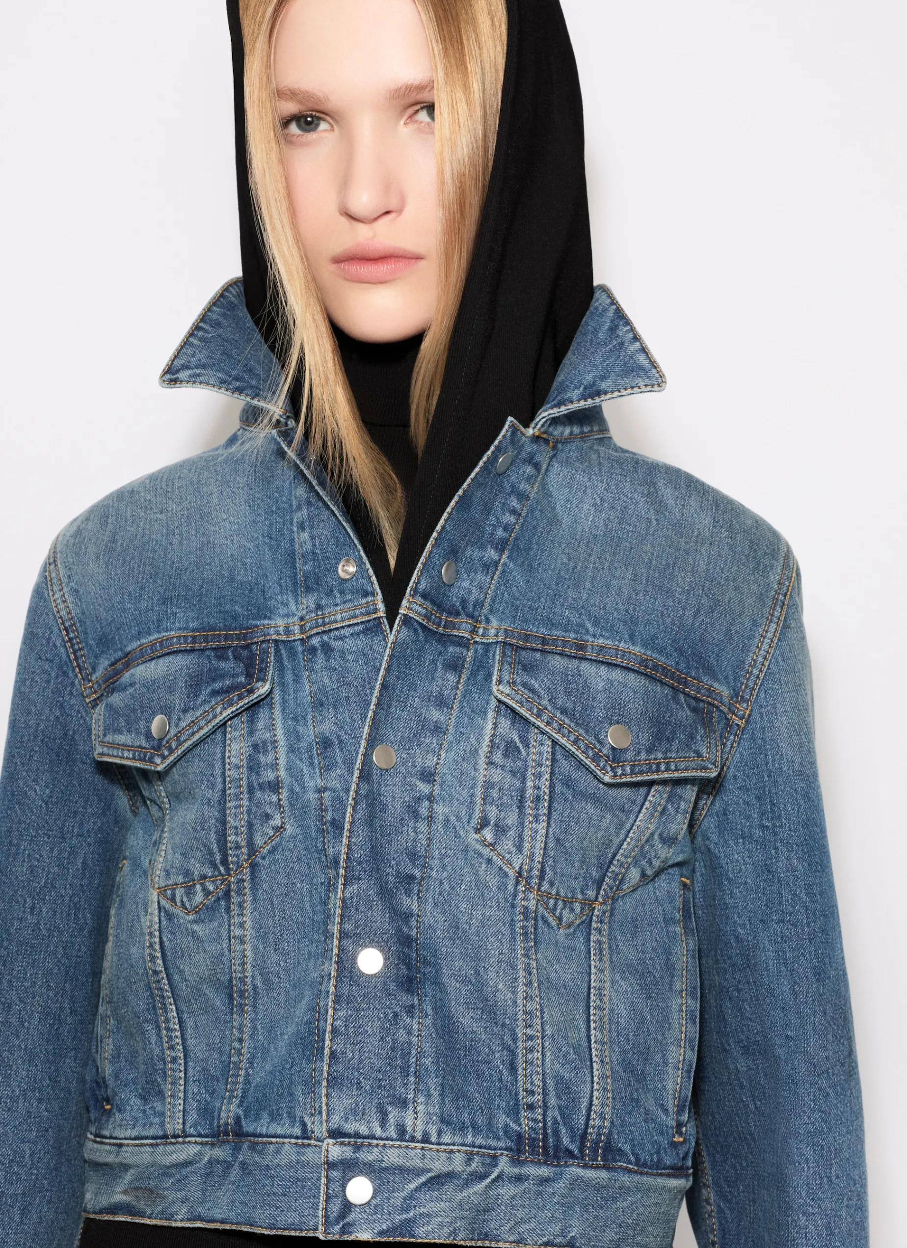 DENIM JACKET WITH KNITTED HOOD