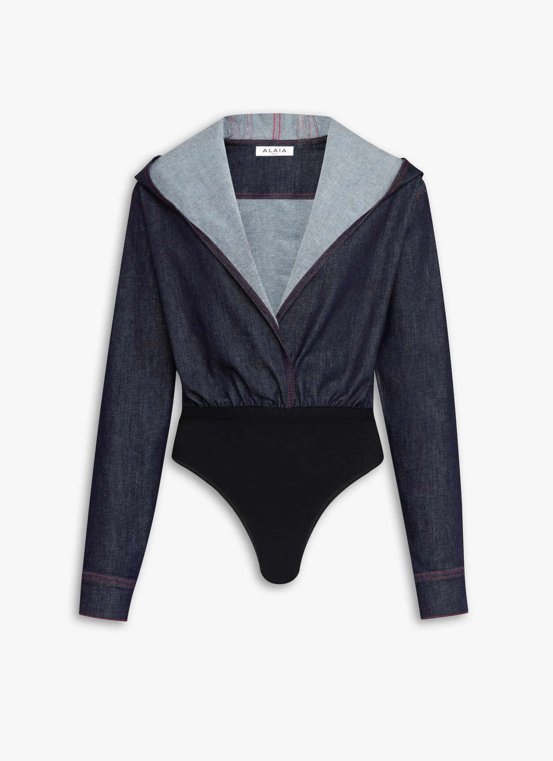 HOODED BODY SHIRT IN STRETCH RAW DENIM