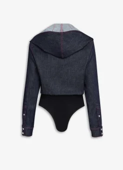 HOODED BODY SHIRT IN STRETCH RAW DENIM