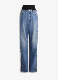 KNIT BAND JEANS IN STONE DENIM